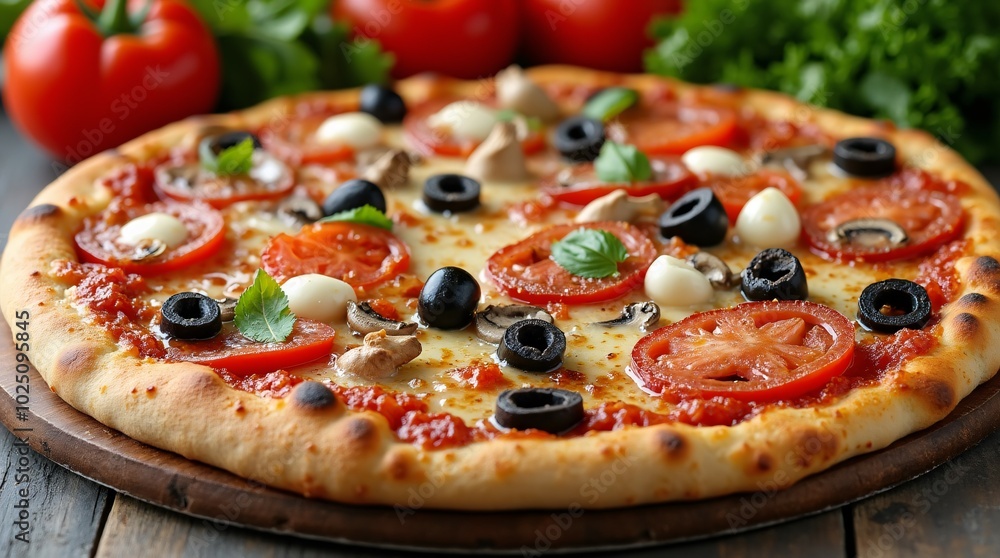 Pizza with tomatoes, mushrooms, olives and fresh cheese. Pizza with tomatoes, mushrooms, olives and fresh cheese.