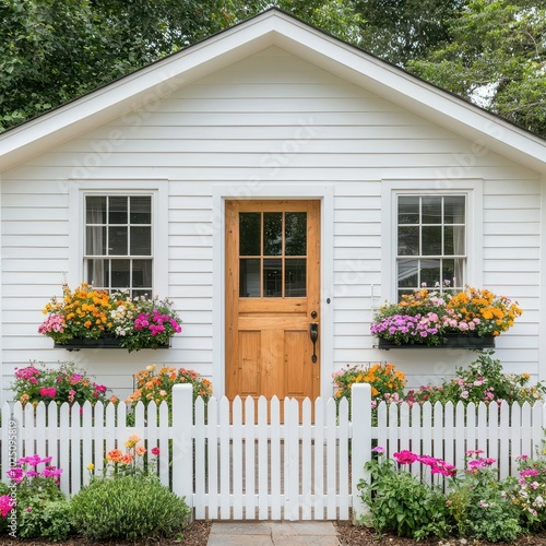 Cottage-style flower shop facade with a picket fence, wooden door, and overflowing flower boxes, Flower Shop, Cottage Charm