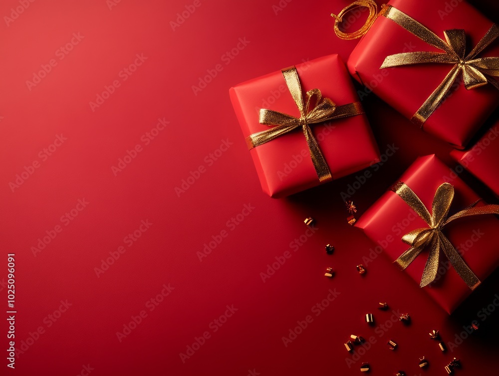 Festive Red Gift Boxes with Golden Ribbons on Red Background Festive Red Gift Boxes with Golden Ribbons on Red Background