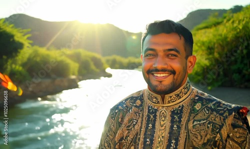 Moroccan Man Smiling by the River in Traditional Attire