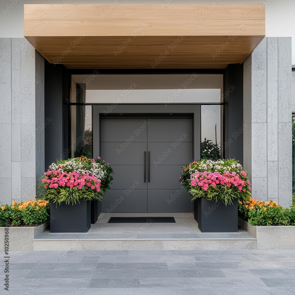 Fototapeta premium Contemporary luxury flower shop facade with bold geometric shapes, elegant floral displays, and modern materials, Flower Shop, Contemporary Luxury