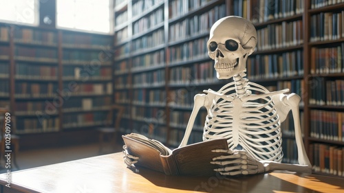 A humorous skeleton reading a book in a library, highlighting the juxtaposition of life and knowledge in a serene environment.