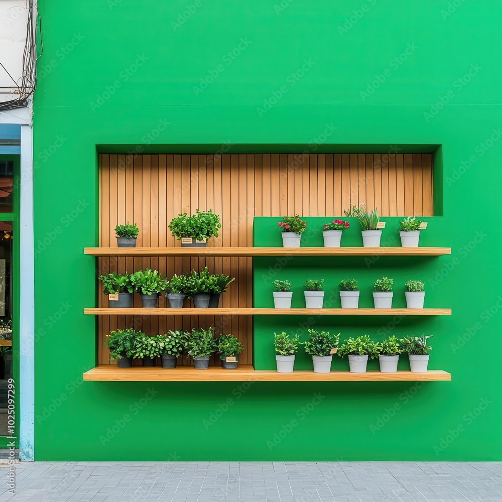 Eco-friendly flower shop facade with green walls, natural wood accents, and a vertical garden, Flower Shop, Eco-Friendly Design Eco-friendly flower shop facade with green walls, natural wood accents, and a vertical garden, Flower Shop, Eco-Friendly Design