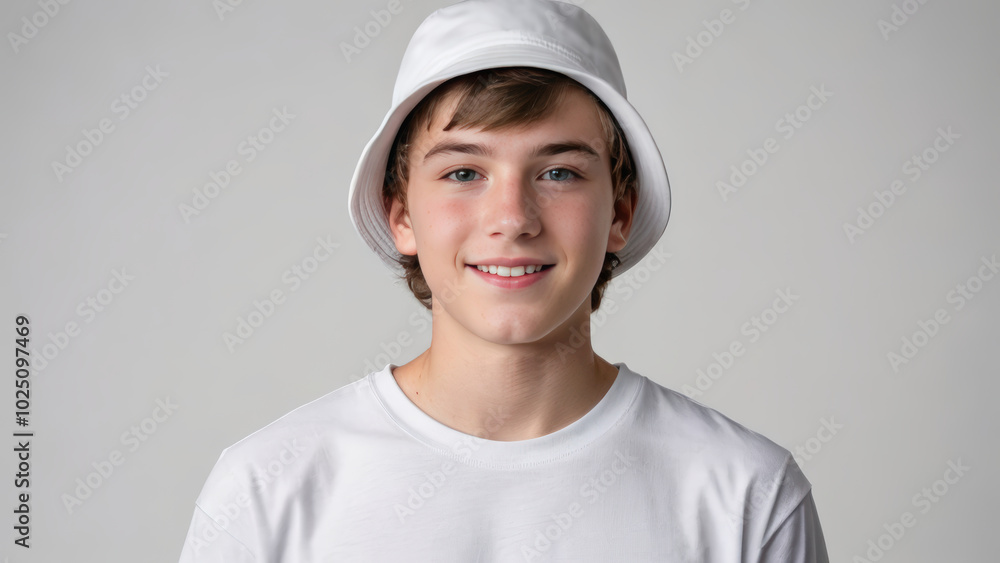 Teenage boy wearing white t-shirt and white bucket hat isolated on grey background Teenage boy wearing white t-shirt and white bucket hat isolated on grey background