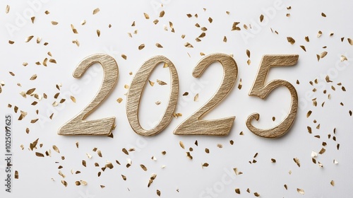 Elegant text 2025 in handwritten script font, with soft gold and silver accents, minimalistic