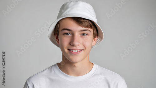 Teenage boy wearing white t-shirt and white bucket hat isolated on grey background