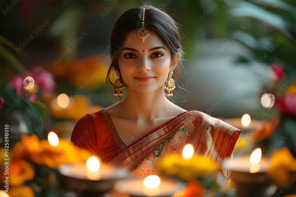 Indian Woman in Silk Saree with Warm Candlelight Glow Indian Woman in Silk Saree with Warm Candlelight Glow