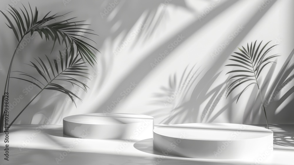 Abstract 3D white space, cylinder podium set, palm leaf shadows, elegant product showcase Abstract 3D white space, cylinder podium set, palm leaf shadows, elegant product showcase