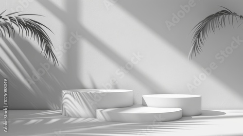 Abstract 3D white space, cylinder podium set, palm leaf shadows, elegant product showcase