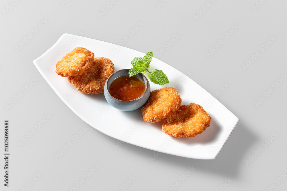 Deep fried shrimp cake on white plate and white background, Thai food. Deep fried shrimp cake on white plate and white background, Thai food.
