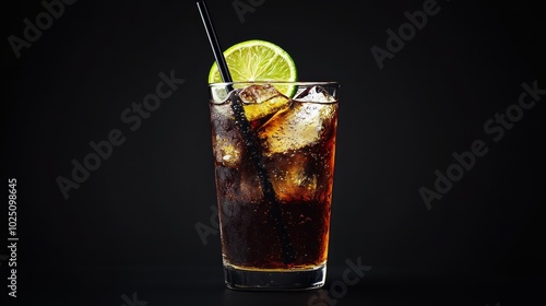 A refreshing drink with cola, lime and ice in a tall glass with a black straw, isolated on black background.