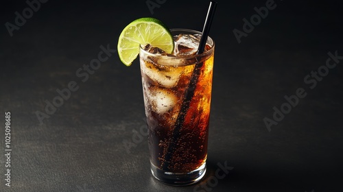 A refreshing glass of rum and coke with ice and a lime wedge, on a dark background.