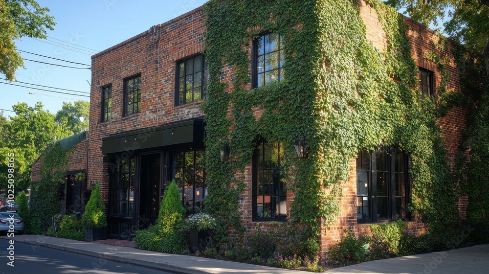 Fototapeta premium Brick Building Covered in Vines with Black Windows and Door