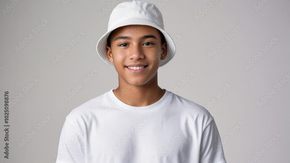 Teenage boy wearing white t-shirt and white bucket hat isolated on grey background Teenage boy wearing white t-shirt and white bucket hat isolated on grey background