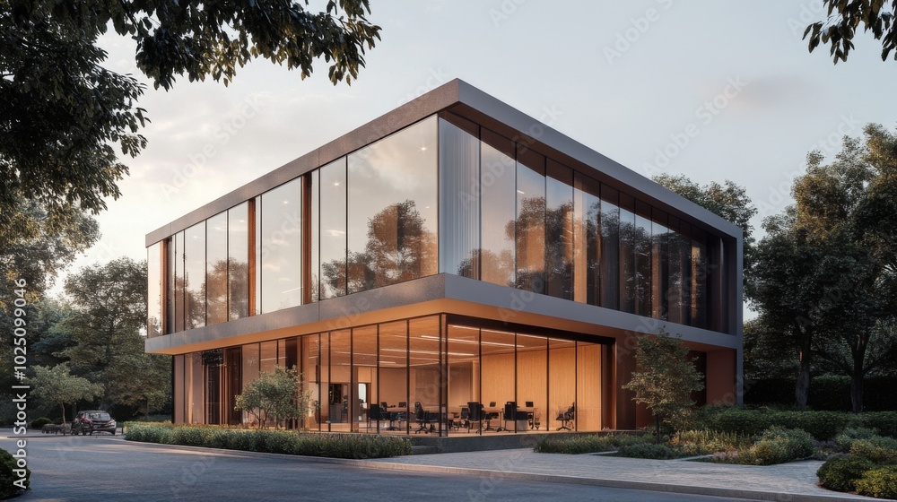 Modern Office Building with Glass Facade and Surrounding Greenery Modern Office Building with Glass Facade and Surrounding Greenery