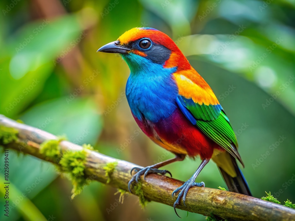 Colorful imu bird perched on a branch, showcasing vibrant feathers in a lush green environment Colorful imu bird perched on a branch, showcasing vibrant feathers in a lush green environment