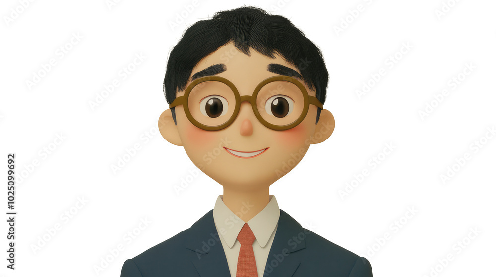 A young cartoon character with big round glasses and open eyes, smiling with delight, wearing a suit and a red tie on a white background. A young cartoon character with big round glasses and open eyes, smiling with delight, wearing a suit and a red tie on a white background.