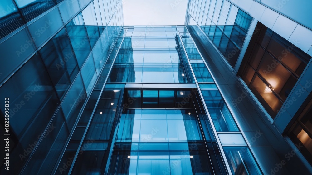 A low angle view of a modern skyscraper facade with glass panels and metal accents. A low angle view of a modern skyscraper facade with glass panels and metal accents.