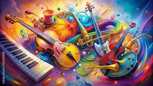 Colorful Musician Illustration Featuring Instruments, Notes, and Vibrant Artistic Elements in Harmony