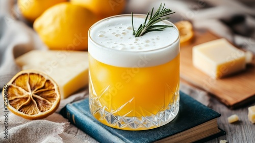 A refreshing yellow cocktail with a white foamy top garnished with a sprig of rosemary, sitting on a book with lemons and cheese in the background.