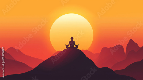 A minimalist vector drawing of a person meditating on top of a hill with the sun setting behind, creating a peaceful atmosphere.