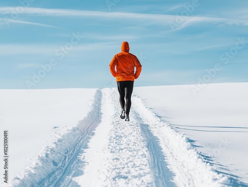 Trail runner on a snow-covered trail under a bright blue sky, trail running, snow, sky