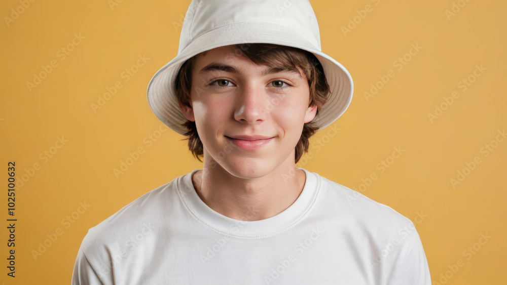 Teenage boy wearing white t-shirt and white bucket hat isolated on yellow background Teenage boy wearing white t-shirt and white bucket hat isolated on yellow background