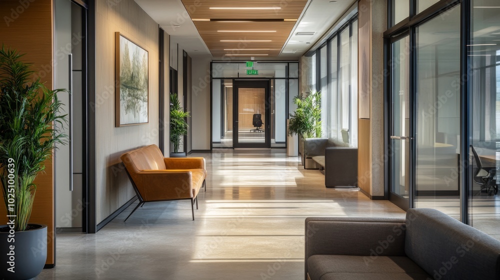 Modern Office Lobby with Sunlight Streaming Through Windows Modern Office Lobby with Sunlight Streaming Through Windows