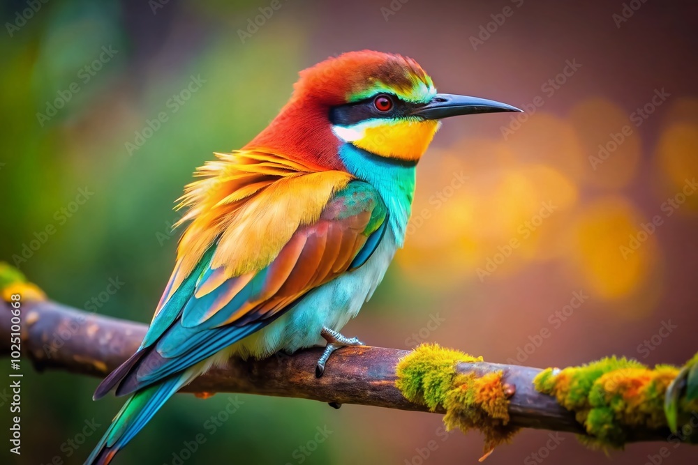 Fototapeta premium Colorful Pencil Bird Perched on a Branch with Vibrant Feathers Against a Soft Blurred Background
