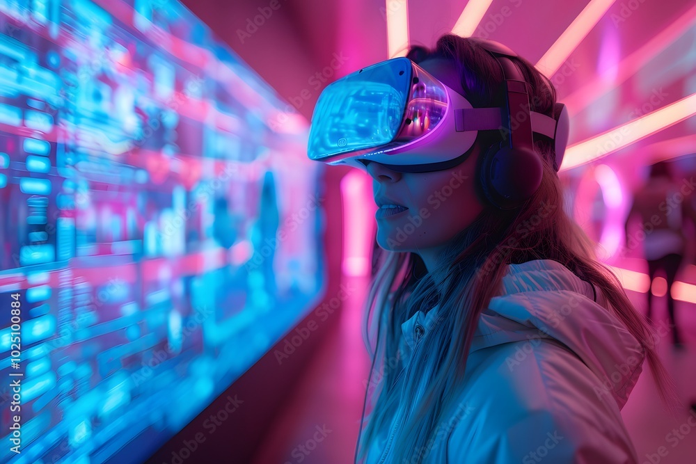 Immersive Virtual Reality Experience in a Neon-Lit Environment Stock ...