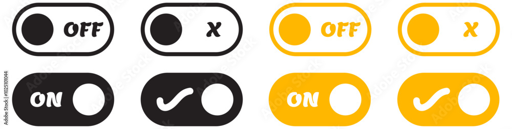 Switch buttons. On and Off toggle switch icons. Switch to Day and Night mode buttons. Slider interface button. Mobile app switch buttons, interface elements. Switch buttons. On and Off toggle switch icons. Switch to Day and Night mode buttons. Slider interface button. Mobile app switch buttons, interface elements.