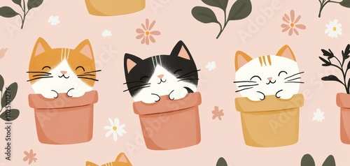 Cute kittens peeking from flower pots, scattered on a pastel pink background, creating a fun and whimsical pattern