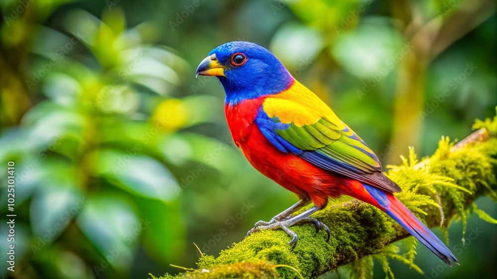 Obraz premium Colorful Red, Blue, and Yellow Bird Perched on a Branch in a Lush Green Natural Environment