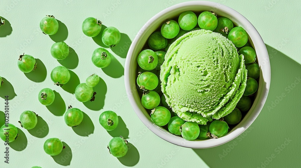 Green ice cream in a bowl beside green grapes on a light green background Green ice cream in a bowl beside green grapes on a light green background