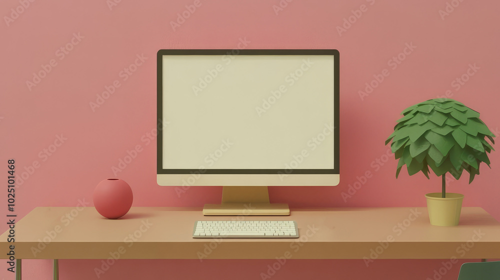 This modern workspace features a blank computer screen, a green plant, and a neat desk setup, conveying themes of productivity and organized simplicity. This modern workspace features a blank computer screen, a green plant, and a neat desk setup, conveying themes of productivity and organized simplicity.