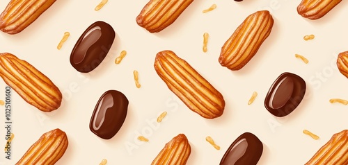 Seamless pattern of churros with chocolate dipping sauce on a warm beige background, adding a fun, festive dessert vibe photo