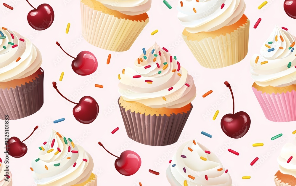 Seamless pattern of cupcakes with colorful frosting, sprinkles, and cherries on a pastel background, perfect for a sweet dessert vibe Seamless pattern of cupcakes with colorful frosting, sprinkles, and cherries on a pastel background, perfect for a sweet dessert vibe