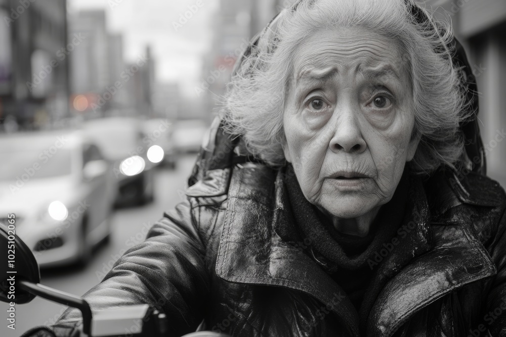 Woman with a black jacket and gray hair is riding a motorcycle. She is looking at the camera with a surprised expression. Elderly woman with a fearful look faces the city traffic on her motorbike Woman with a black jacket and gray hair is riding a motorcycle. She is looking at the camera with a surprised expression. Elderly woman with a fearful look faces the city traffic on her motorbike