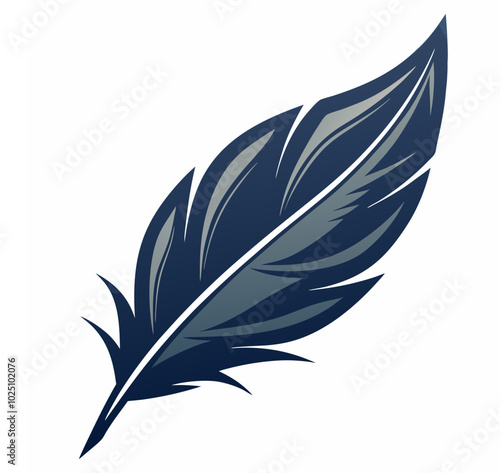 Vector illustration of a stationary writing bird feather and ink pen close-up, a silhouette of a bird feather ink quill pen writing curves, and an icon.