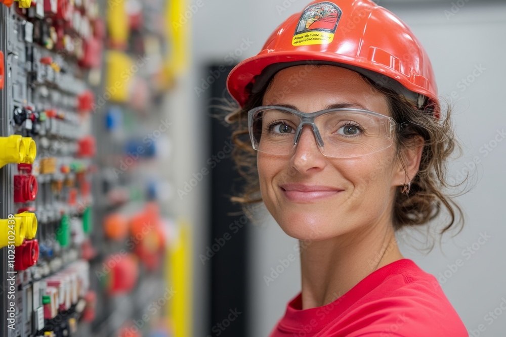 Woman wearing a red shirt and a hard hat is smiling. She is wearing safety glasses and a yellow helmet. electrician woman installing a electric switchboard system, Woman wearing a red shirt and a hard hat is smiling. She is wearing safety glasses and a yellow helmet. electrician woman installing a electric switchboard system,