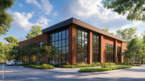 Modern Brick Building with Large Windows and Green Landscaping