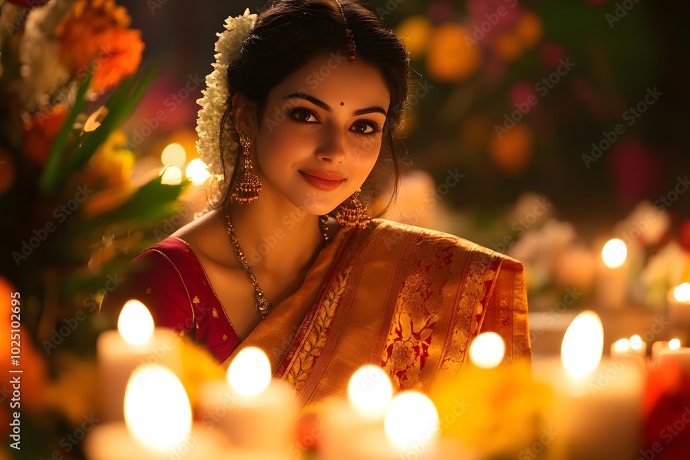 Woman in Gold Sari with Candlelight and Romantic Gaze Woman in Gold Sari with Candlelight and Romantic Gaze