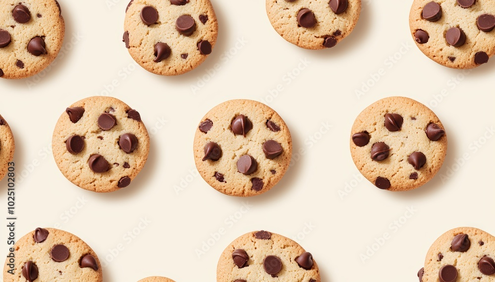 Repeating pattern of chocolate chip cookies with bite marks on a cream background, showcasing a cozy dessert theme Repeating pattern of chocolate chip cookies with bite marks on a cream background, showcasing a cozy dessert theme