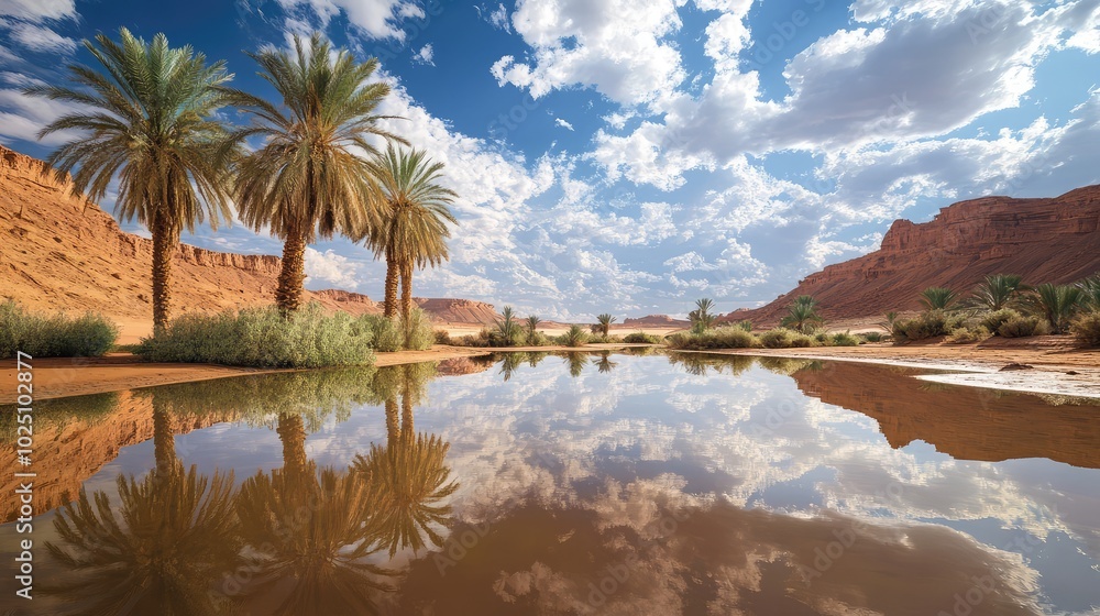 A stunning shot of a desert oasis under a partly cloudy sky, with palm trees reflected in the water and clouds adding depth to the scene A stunning shot of a desert oasis under a partly cloudy sky, with palm trees reflected in the water and clouds adding depth to the scene