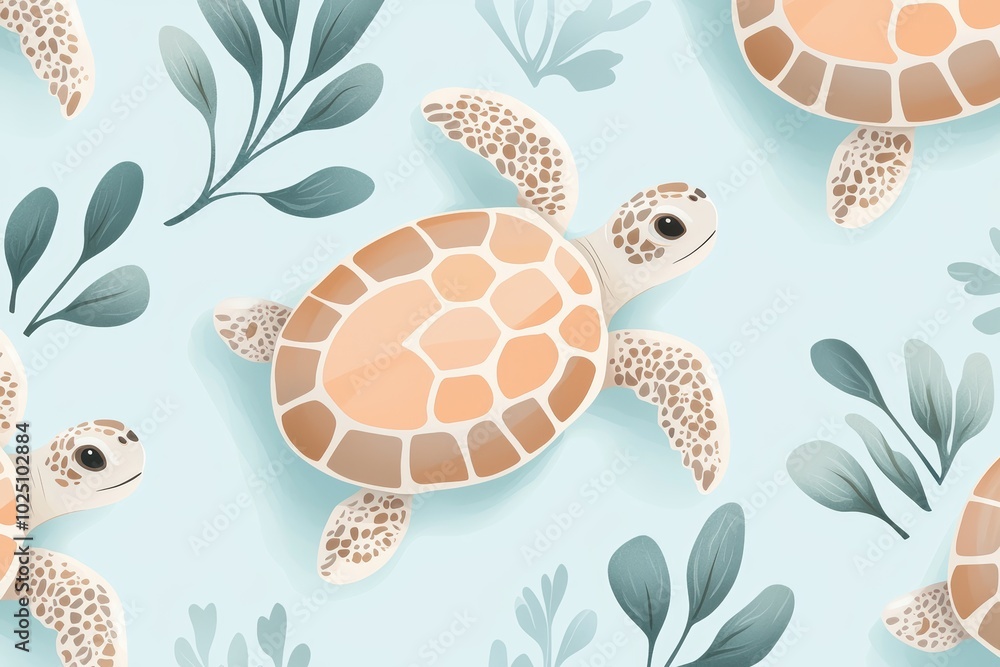 Cheerful turtles swimming among seaweed, on a pale blue background, perfect for a marine animal seamless pattern Cheerful turtles swimming among seaweed, on a pale blue background, perfect for a marine animal seamless pattern