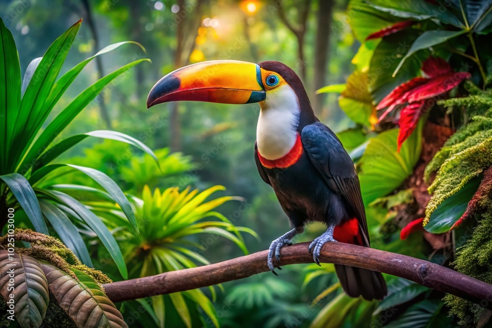 Colorful toucan perched on a branch with vibrant foliage in a tropical rainforest environment Colorful toucan perched on a branch with vibrant foliage in a tropical rainforest environment