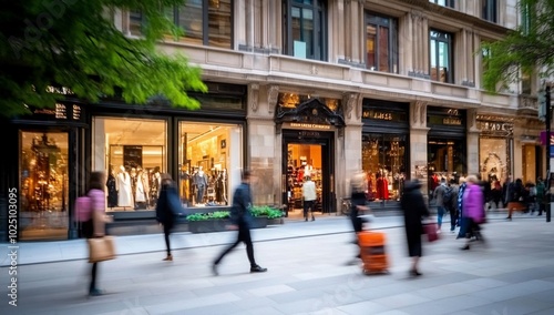 Busy street scene with shops and pedestrians in a city setting.