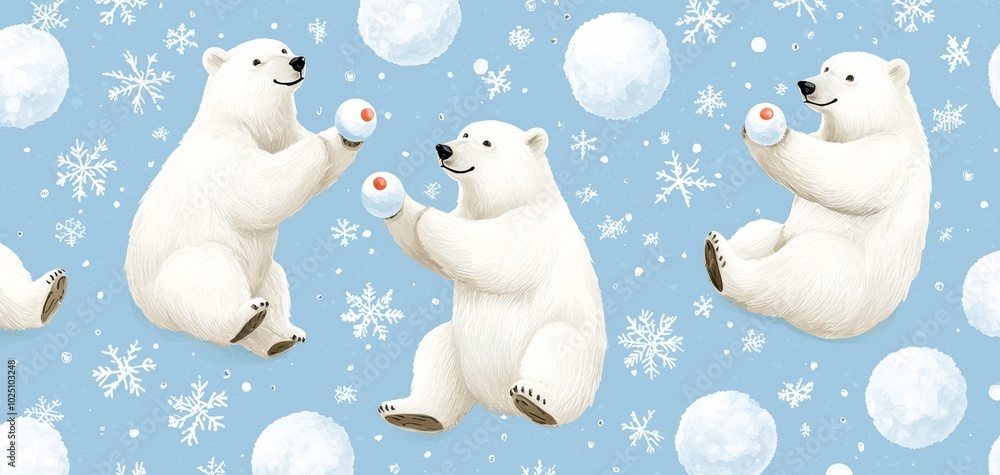 Smiling polar bears playing with snowballs, set against a frosty blue background, creating a fun winter design Smiling polar bears playing with snowballs, set against a frosty blue background, creating a fun winter design