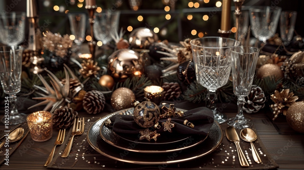 Luxurious Black and Gold Christmas Table Setting with Candles
