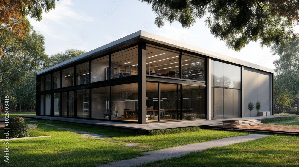 Modern Glass Office Building with Green Lawn and Trees Modern Glass Office Building with Green Lawn and Trees